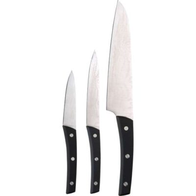 Set 3 cuchillos de cocina con filo en acero inoxidable.