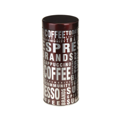 Bote de chapa redondo de 18 cm con un original diseño de letras de café.