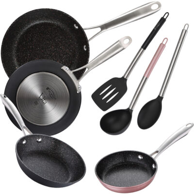 Juego de 4 sartenes + utensilios de cocina San Ignacio.Conjunto de 4 sartenes fabricadas en aluminio forjado