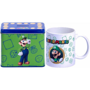 SET TAZA + HUCHA LUIGI SUPER MARIO BROS NINTENDO  Taza ceramica y hucha metalica.