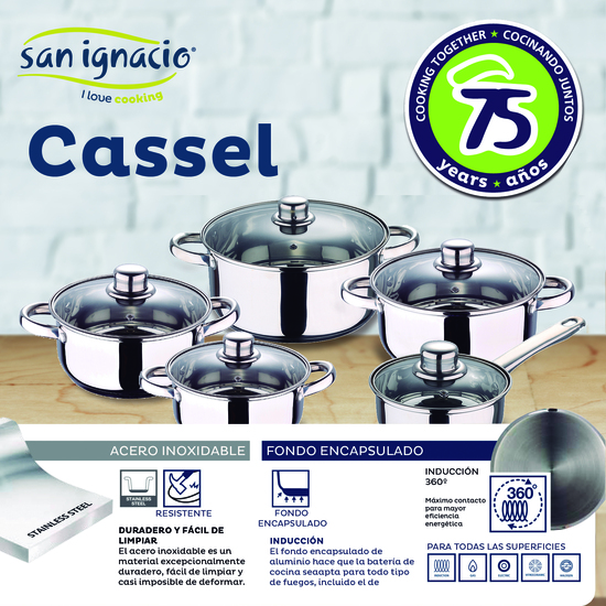 San Ignacio Batería de Cocina 5 Piezas Acero Inoxidable con Set 3  Utensilios de Silicona Y Madera