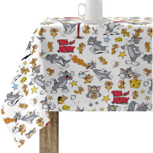 Mantel resinado (tacto plastificado) antimanchas modelo Tom & Jerry 02  Modelo: Tom & Jerry 02 Color: multicolor Composición: Tejido 100% algodón resinado. Tipo de Confección:  Tipo de Estampación: Estampamos en pigmento