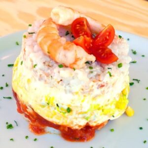 Timbal de arroz frío sobre plato decorado con dos langostinos y cebollino picado
