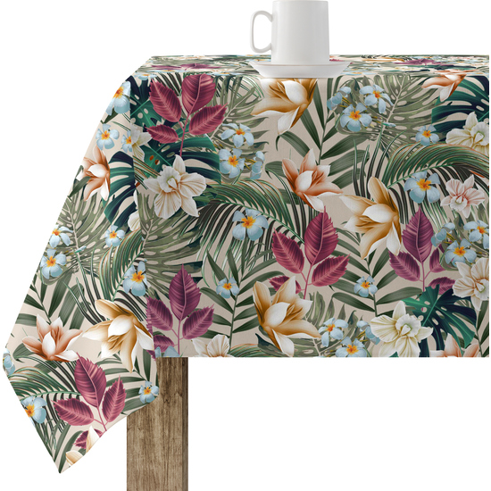 Mantel resinado antimanchas modelo 0119-18 Categoría: Nueva colección algodón Calidad: Tejido 100% algodón resinado antimanchas (tacto plastificado). Mantel confeccionado antimanchas