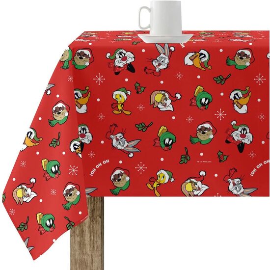 MANTEL RESINADO (TACTO PLASTIFICADO) ANTIMANCHAS MODELO LOONEY TUNES CHRISTMAS 01. Mantel estampado confeccionado antimanchas