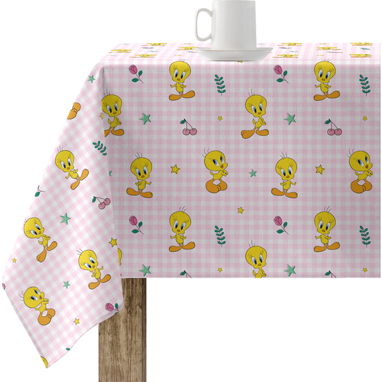 Mantel resinado (tacto plastificado) antimanchas modelo Tweety 2 Pink Modelo: Tweety 2 Pink Color: multicolor Composición: Tejido 100% algodón resinado. Tipo de Confección: Tipo de Estampación: Estampamos en pigmento