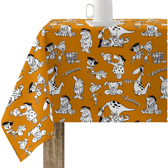 Mantel resinado (tacto plastificado) antimanchas modelo The Flintstones Modelo: The Flinstones Color: multicolor Composición: Tejido 100% algodón resinado. Tipo de Confección: Tipo de Estampación: Estampamos en pigmento