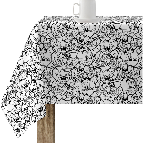 Mantel resinado (tacto plastificado) antimanchas modelo Tom & Jerry 01 Modelo: Tom & Jerry 01 Color: multicolor Composición: Tejido 100% algodón resinado. Tipo de Confección: Tipo de Estampación: Estampamos en pigmento