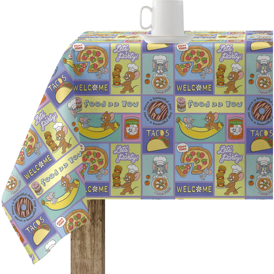 Mantel resinado (tacto plastificado) antimanchas modelo Yummy Tom Jerry 3 Modelo: Yummy Tom Jerry 3 Color: multicolor Composición: Tejido 100% algodón resinado. Tipo de Confección: Tipo de Estampación: Estampamos en pigmento