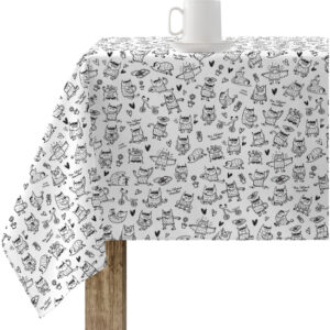 Mantel resinado modelo Monstre Black de Anna Llenas  Categoría: ULTIMAS OPORTUNIDADES  Calidad: Tejido 100% algodón resinado antimanchas (tacto plastificado).  Mantel confeccionado antimanchas